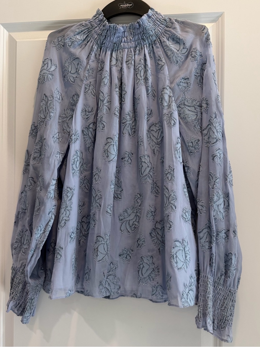 Rebecca Taylor Light Blue Embroidered Smocked Neck Long-Sleeve Blouse
